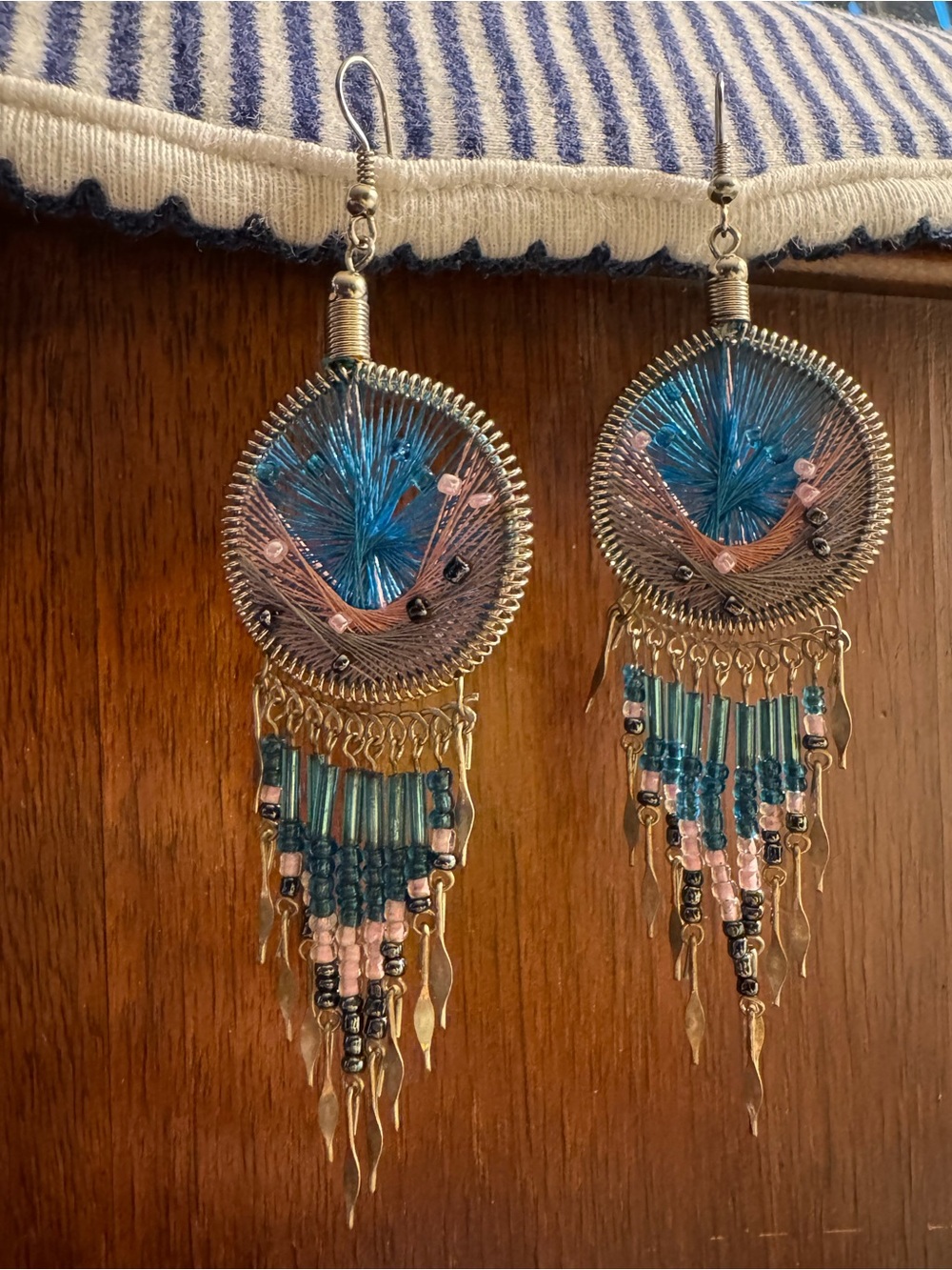 Handcrafted Blue and Pink Dreamcatcher Dangle Earrings - Women Jewelry